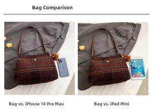 Detailed size comparison of the plaid tote bag with an iPhone and iPad mini device