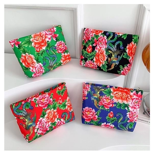 Women's Ethnic Style Nylon Printed Handbag Peony Phoenix Pattern Cosmetic Bag Retro Casual Clutch Crossbody Bag With Zipper