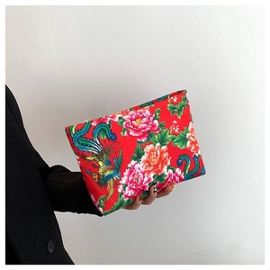 Ethnic nylon handbag with red peony floral print and traditional phoenix pattern
