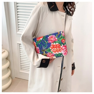 Ethnic style blue nylon clutch bag with phoenix and red floral pattern for women