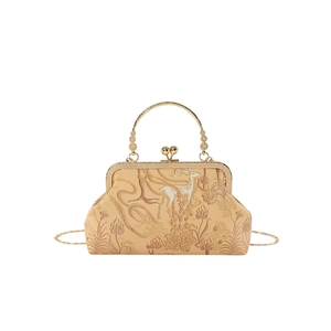 Champagne gold embroidered vintage kiss-lock handbag with floral pattern and chain strap