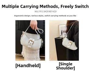 Detail showing white leather handbag with gold buckle in handheld and shoulder styles