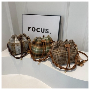 Sac Seau en Lainage à Carreaux Vintage pour Femmes Retro Cordon Sac Bandoulière Avec Poignée Tissée Automne Hiver Tweed