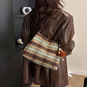 Retro plaid wool tote bag with golden flower detail and brown teddy bear charm