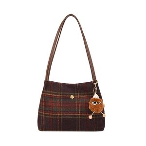 Retro plaid tote bag with dark check pattern, leather strap and floral metal detail