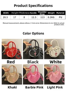 Detailed dimensions and cross embroidery on heart-shaped shoulder bags in six colors