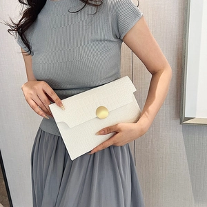 Chic white faux crocodile embossed envelope clutch bag with gold round metal clasp