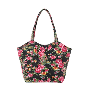 Große Shopper-Tasche aus Canvas mit floralem Ethno-Muster auf schwarzem Hintergrund