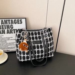 Large Capacity Women Tote Bag Cotton Linen Plaid Shoulder Bag Chain Urban Minimalist Casual Daily Commute Handbag
