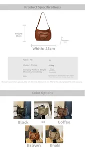 Detailed size specifications and color comparison of the minimalist PU saddle shoulder bag