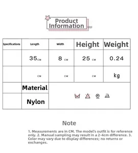 Size chart showing nylon shoulder bag dimensions 35x25x8 cm and weight 0.24kg