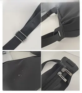 Close-up of waterproof nylon texture and durable double zipper details on the black crossbody bag