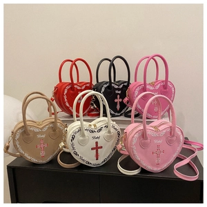 Women Y2K Heart Shaped Crossbody Bag Gothic Cross Printed PU Leather Handbag Sweet Cool Streetwear Shoulder Bag Purse