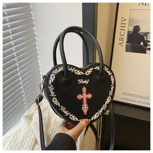 Sweet heart-shaped black shoulder bag with artistic Baby print and crossbody strap