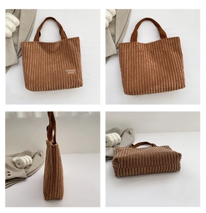 Detailed four-way view showing the structure and brown corduroy texture of the tote bag