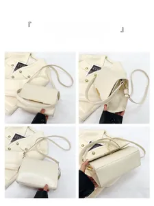 Detailed views of beige leather crossbody bag with gold hardware and wrinkled texture