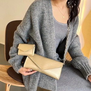 Women's Fashion PU Leather Envelope Shoulder Bag And Mini Pouch With Metal Chain Strap Minimalist Solid Color Crossbody Bag