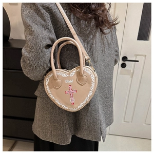 Sweet heart-shaped beige PU leather crossbody bag with vintage cross print and handle