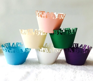 Laser cut hollow BABY cupcake wrappers in multiple pastel colors for baby shower party