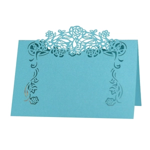 Sky blue laser-cut rose hollow place card for wedding party and table decoration