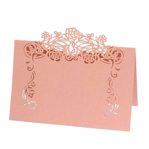 Pink laser-cut rose hollow place card with pearlescent finish for wedding table decor