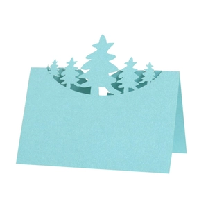 Laser cut light blue Christmas tree place card with shimmering pearlescent finish