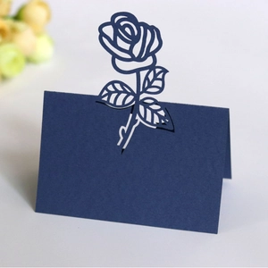 Laser cut dark blue rose place card for weddings with a stand-up foldable design