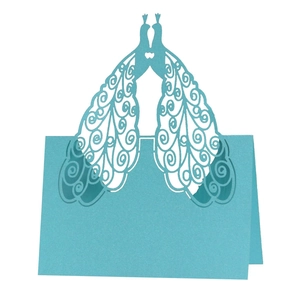 Blue laser cut peacock wedding place cards with heart hollow design and folding style