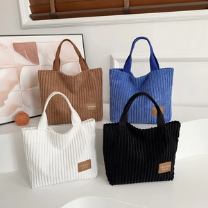 Women Large Capacity Corduroy Tote Bag Minimalist Vintage Handheld Shoulder Bag Soft Casual Shopper Bag Literary Style Handbag