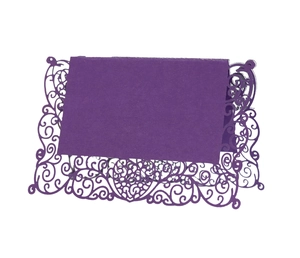 Deep purple laser-cut butterfly wedding place card with intricate lace patterns