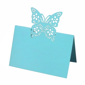 Laser-cut 3D light blue butterfly place card for wedding table settings with hollow design
