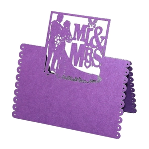 Purple laser-cut Mr & Mrs place cards for wedding table with elegant butterfly design