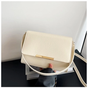 Close-up of beige square crossbody bag with crinkled texture and gold metal hardware