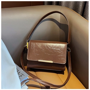 Detail of a brown glossy crinkled texture crossbody bag with gold metallic trim and straps