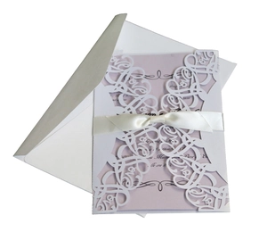 White laser-cut Love wedding invitation set with purple inner card and silk ribbon