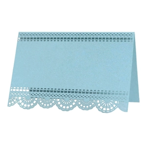 Elegant light blue pearl paper place card with delicate laser-cut hollow lace edges