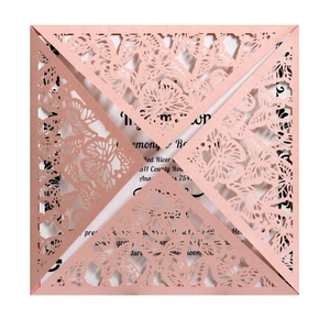 Elegant laser-cut pink butterfly wedding invitation card set with hollow floral patterns