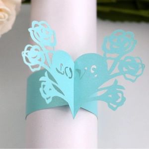 Elegant light blue laser cut paper napkin ring with rose and heart LOVE pattern