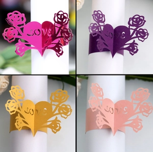 Laser-cut hollow paper napkin rings with rose heart and LOVE pattern in four colors
