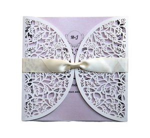 Elegant Laser Cut Hollow Floral Wedding Invitation Pearlescent Paper Card With Ribbon Bow For Marriage Banquet Party Celebration