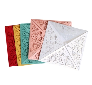 Laser cut floral hollow engagement invitations in red, yellow, green, pink, and white