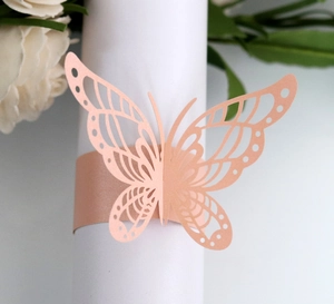 Detail of rose gold butterfly napkin ring with laser-cut hollow pattern for weddings