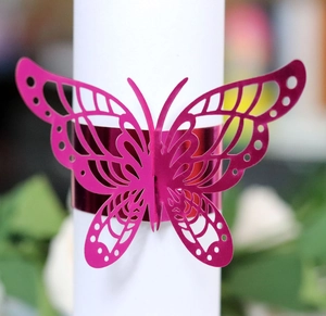 Elegant rose red laser-cut butterfly napkin rings with metallic finish for table setting