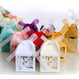 Laser cut Mr & Mrs wedding candy boxes with ribbons in various elegant colors