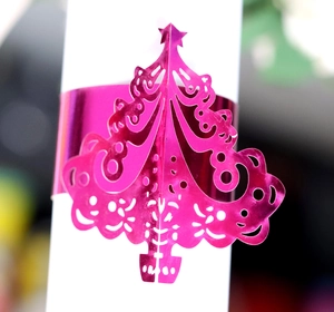 Laser-cut silver Christmas tree napkin ring in rose red metallic finish for table decor