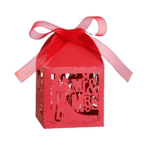 European laser cut wedding favor box in red with Mr & Mrs ribbon and hollow design
