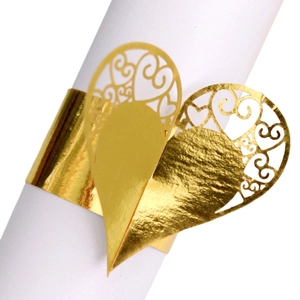 Elegant gold heart-shaped laser cut napkin ring for luxury wedding and hotel table decor