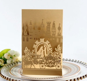 Elegant 3D laser cut wedding invitation card featuring golden European castle and carriage