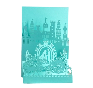 Elegant Tiffany blue 3D pop-up wedding invitation with laser-cut castle and horse carriage