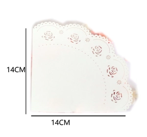 Detailed 14cm x 14cm white laser-cut paper lace with delicate rose flower patterns